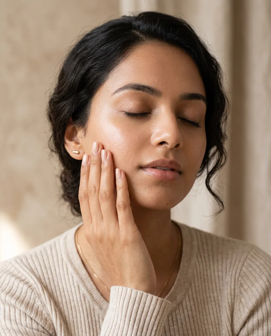 Model touching hydrated nourished skin barrier with visible radiant glow