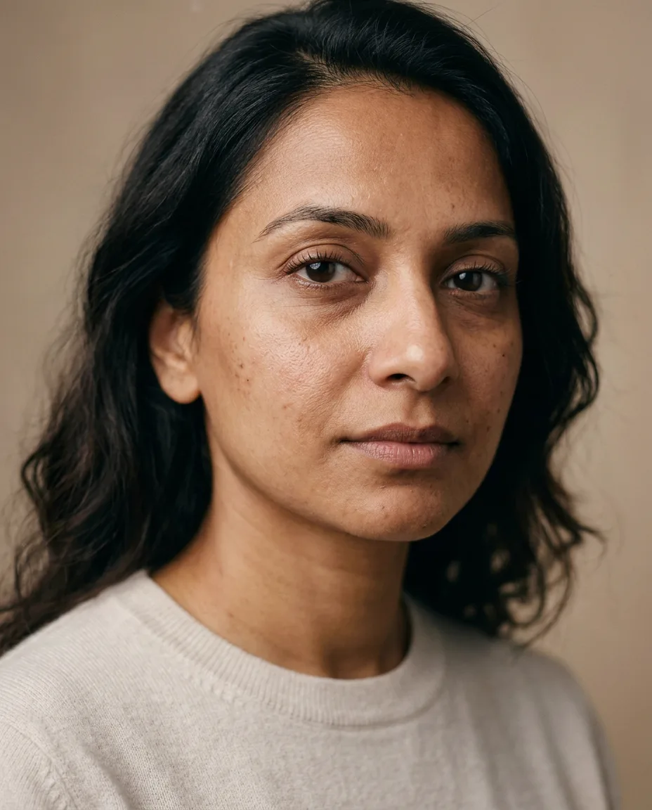 Healthy glowing Indian woman examining radiant skin barrier in natural morning light